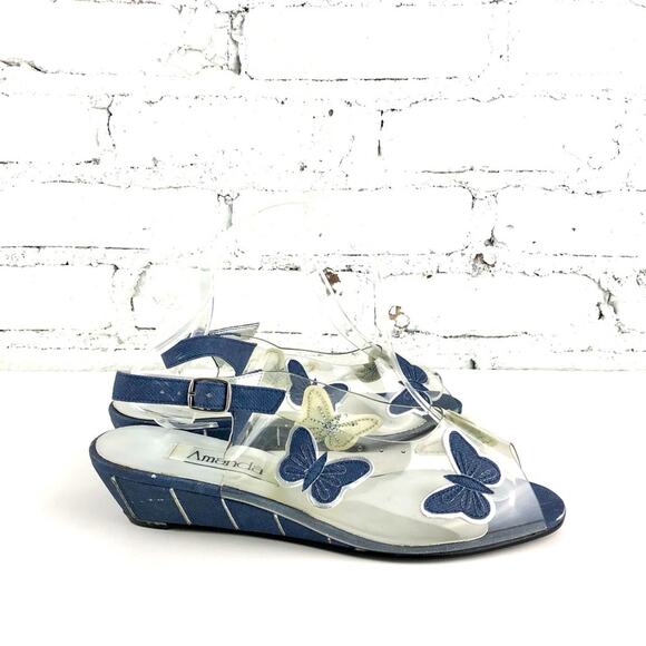 Vintage Amanda Clear Denim Butterfly Wedge Peep-toe Sandals - Picture 1 of 7